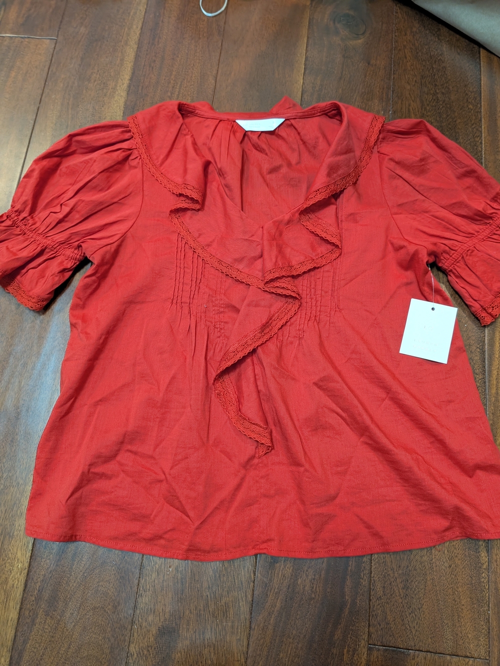 LC Lauren Conrad Red Ruffle V-Neck Pintuck Blouse In Size Small